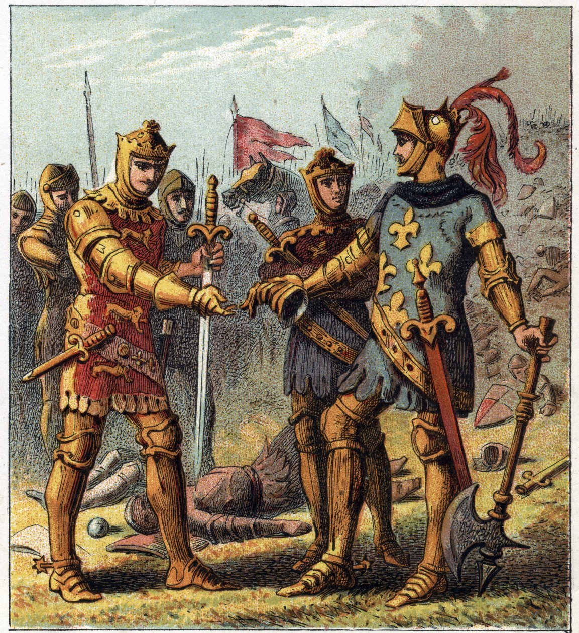 百年战争：普瓦提埃之战（1356年）。法国国王约翰二世（John II the Good，1319-1364）承认他的失败，并去找英格兰的爱德华-普兰塔戈内特（Edward of Woodstock Brackembury 作者 英语学校