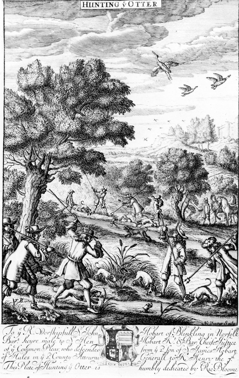 从1686年Richard Blome出版的“The Gentleman&39;s Recreation”中狩猎水獭 作者 英语学校