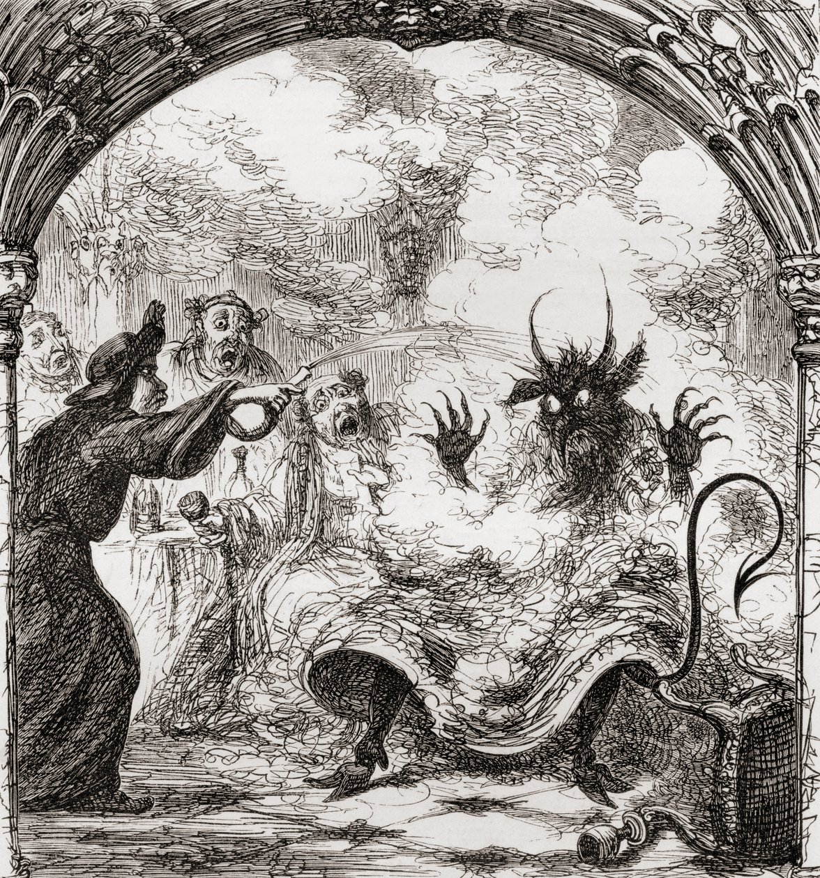乔治·克鲁克汉克（George Cruikshank）在1865年出版的托马斯·英格尔斯比（Thomas Ingoldsby）创作的歌曲“圣尼古拉斯的拉特”（The Lat of St. Nicholas）中的插图，来自“英格尔斯比传说或欢乐与奇迹” 作者 英语学校