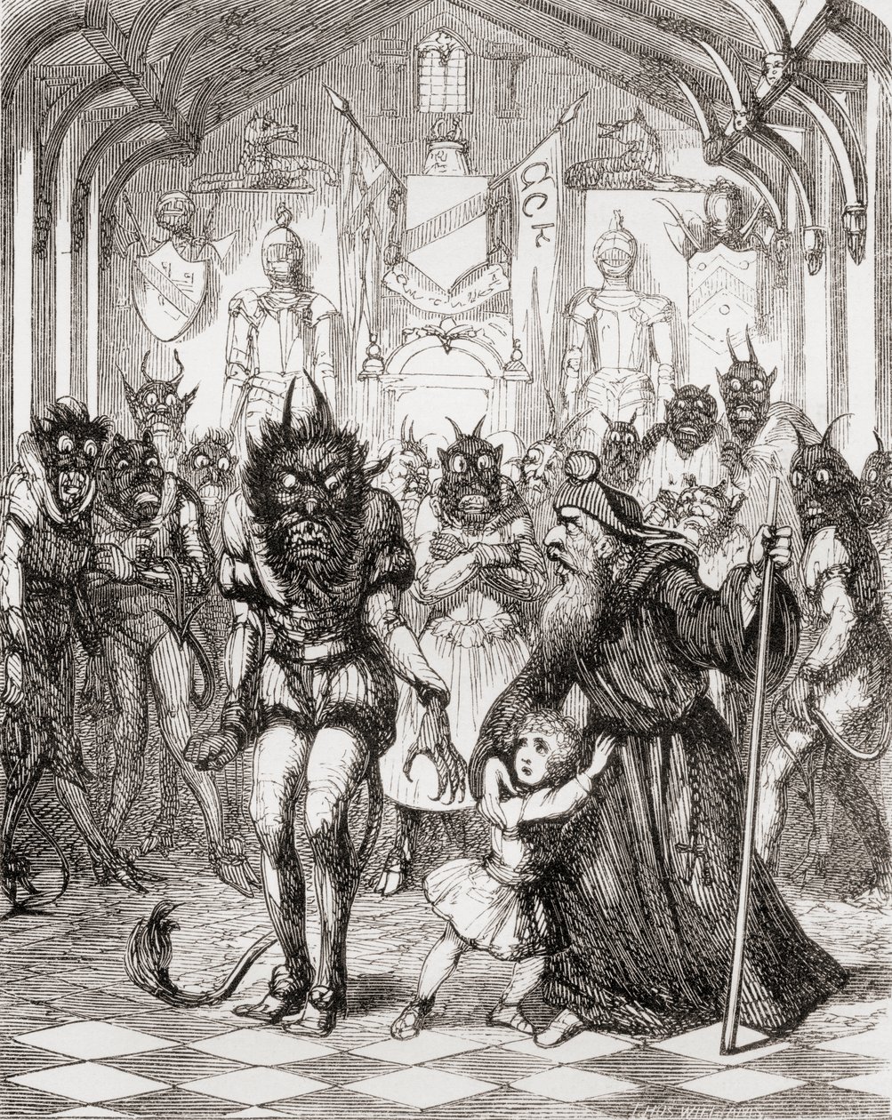 乔治·克鲁克汉克（George Cruikshank）为诗歌“圣卡斯伯特的谎言”（The Lay of St. Cuthbert）撰写的插图，来自托马斯•英格尔斯比（Thomas Ingoldsby）撰写的“英格尔斯比传奇或欢乐与奇迹”，于1865年出版 作者 英语学校
