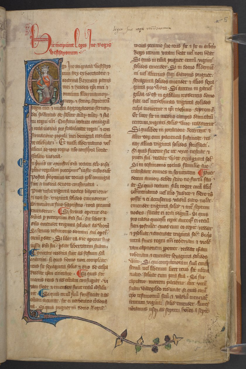 伊恩国王的形象来自《英格兰法规》，Cotton Manuscript Claudius D II, f.5r 作者 英语学校
