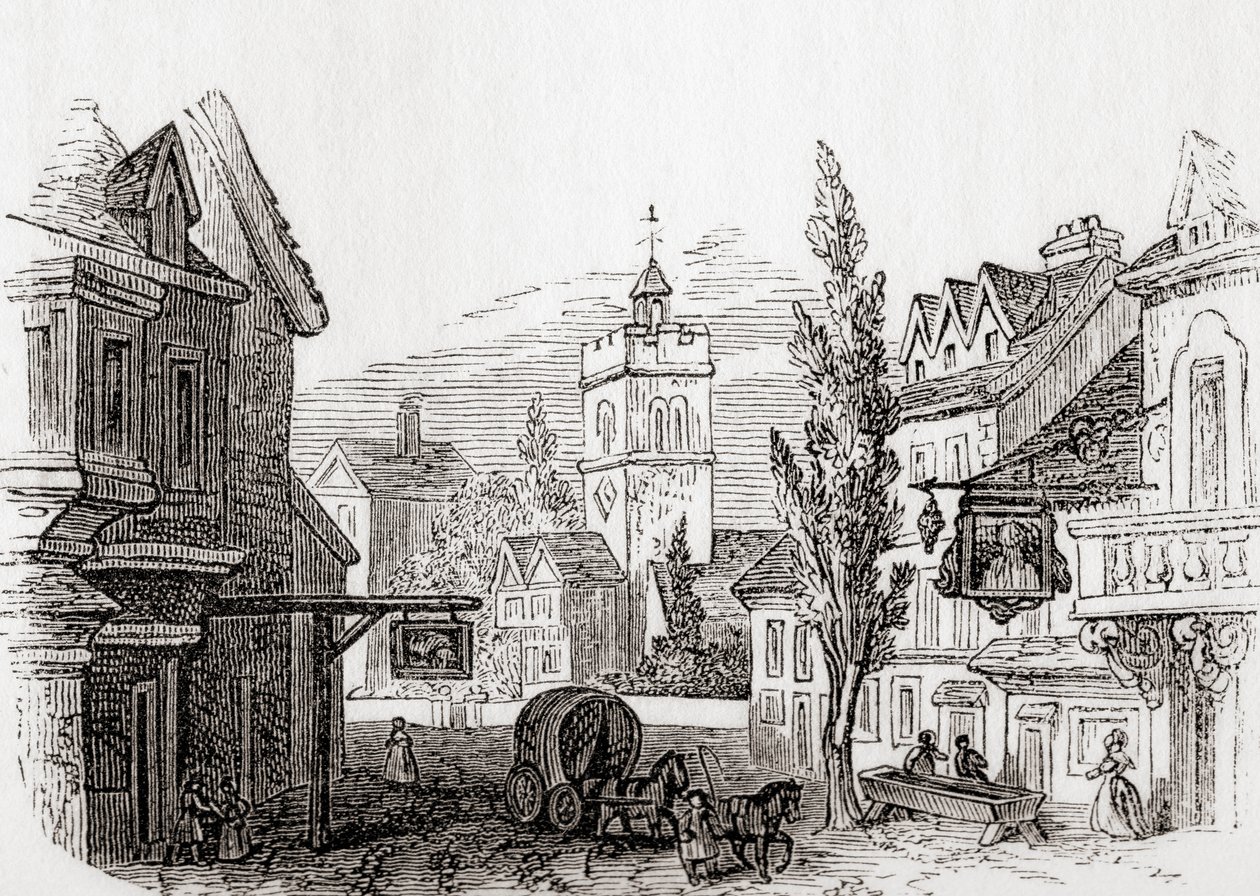 1760 年，英国大伦敦伊斯灵顿，来自旧英格兰：图画博物馆，酒吧。 1847年 作者 英语学校