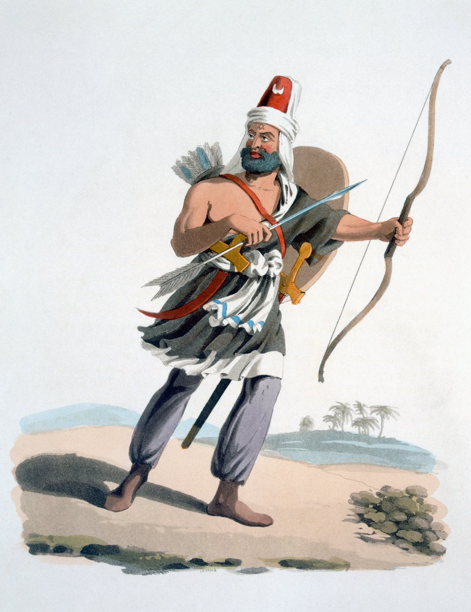 阿拉伯的Janissary，来自土耳其的军事服装，1830年（手工彩色蚀刻和aquatint） 作者 英语学校