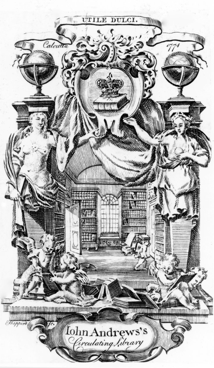 Joseph Shepperd撰写的John Andrewss Circulating Library bookplate，于1774年在加尔各答出版 作者 英语学校