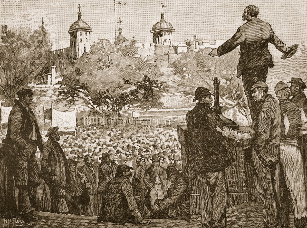 约翰·伯恩斯在1889年的塔山举行的码头工人会议上发表讲话，插图来自卡塞尔斯画报英国历史（棕褐色照片） 作者 英语学校