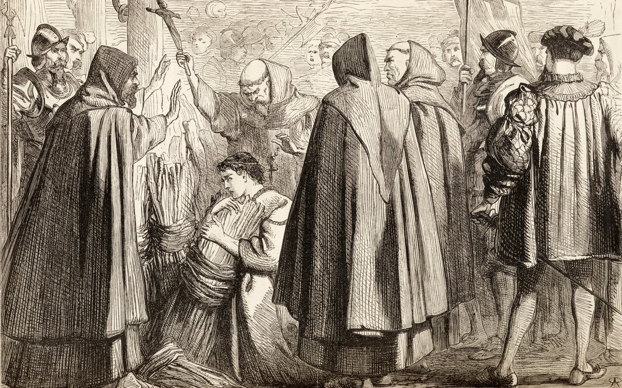 约翰弗里斯（John Frith）即将在1533年因异端邪说而被烧毁，1865年（木版画） 作者 英语学校