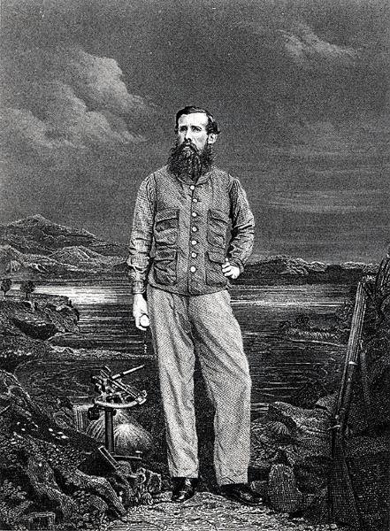 约翰-汉宁-斯皮克，他的《发现尼罗河源头的日志》一书的封面画，1863年出版（雕刻）（黑白照片）。 作者 英语学校