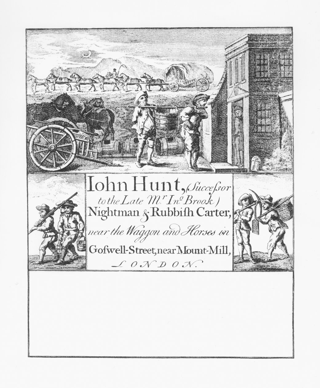 John Hunt，Nightman和Rubbish Carter，靠近伦敦Mount Mill附近的Goswell街的马车和马匹 作者 英语学校