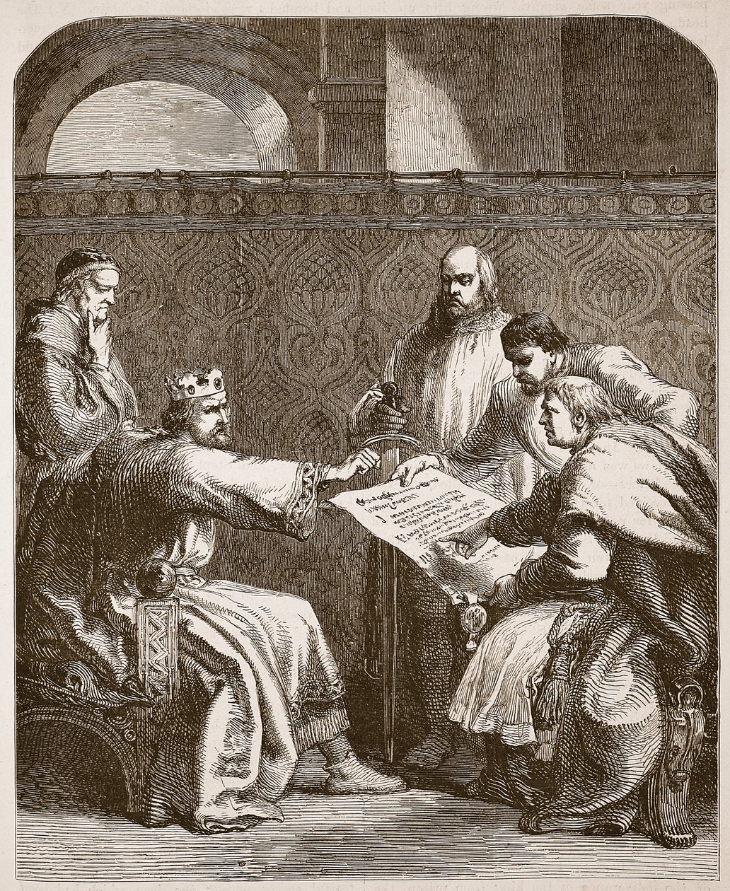 约翰拒绝签署男爵的文章，插图来自Cassells Illustrated History of England（sepia photo） 作者 英语学校