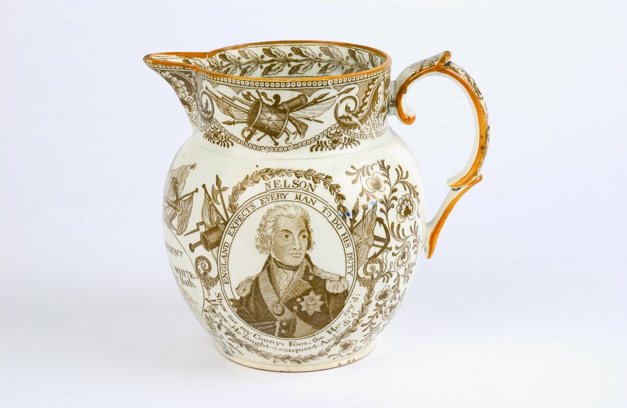 水壶与转移设计纪念Horatio Nelson（1758-1805）c.1805（陶器）的战斗和荣誉 作者 英语学校