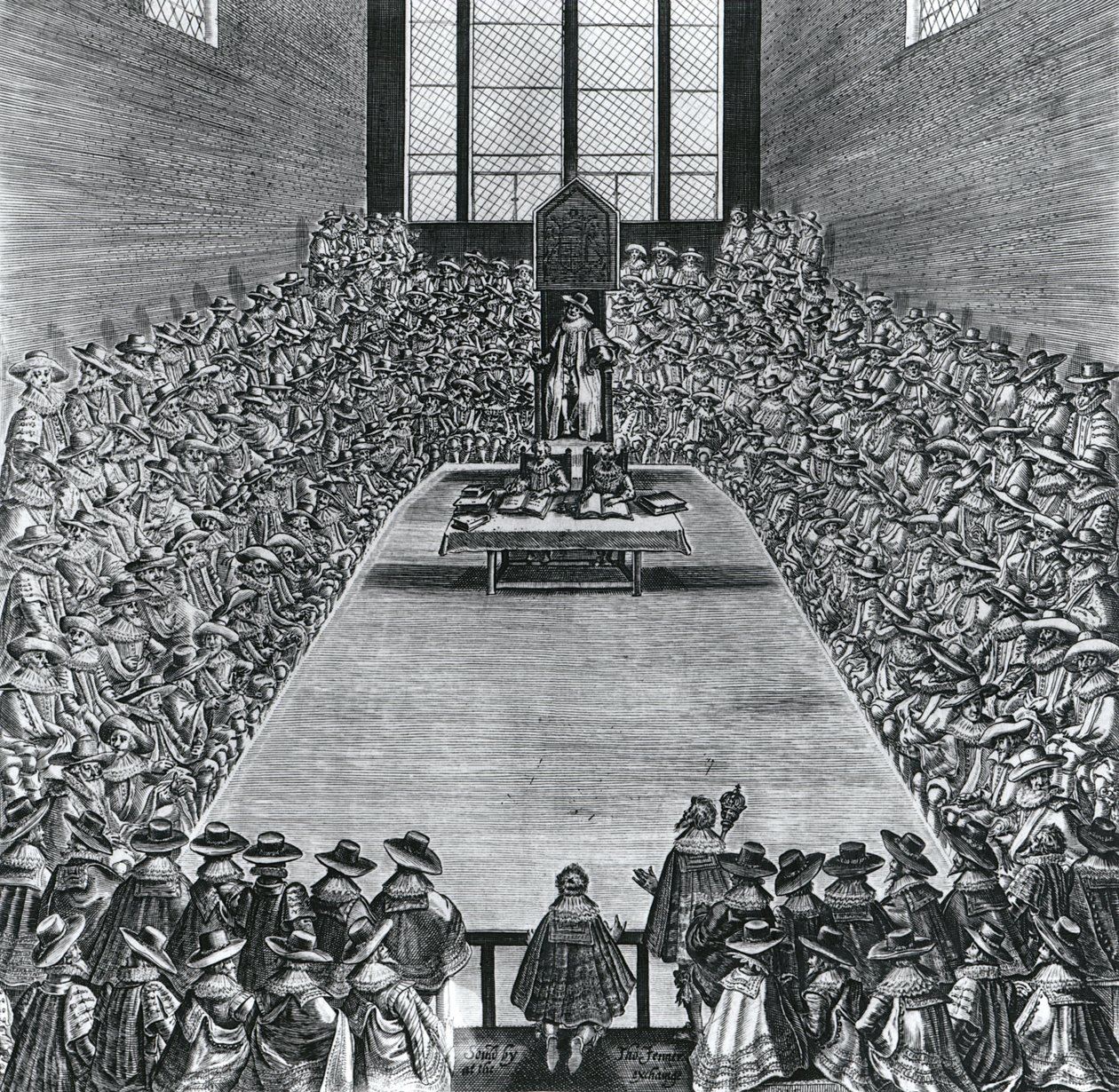 国王詹姆斯一世（1566-1625）在议会大厦，1624年 作者 英语学校