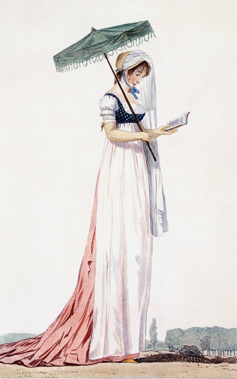 女士优雅夏季连衣裙，遮阳伞，Delacourt，1770年（彩色雕刻） 作者 英语学校