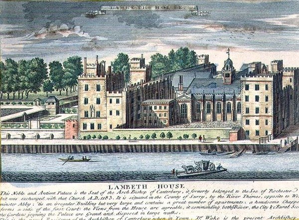 兰贝斯宫，坎特伯雷大主教的住所，约1715-37年（雕刻）。 作者 英语学校