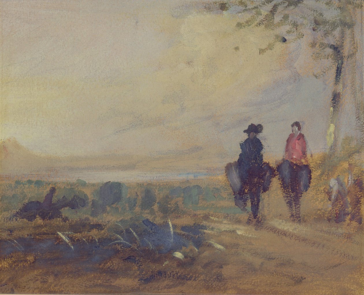 湖泊景观与两个人物骑行，之前归功于JMW Turner（1775-1851），也归功于Peter de Wint（1784-1849），1815-25（纸上油画） 作者 英语学校