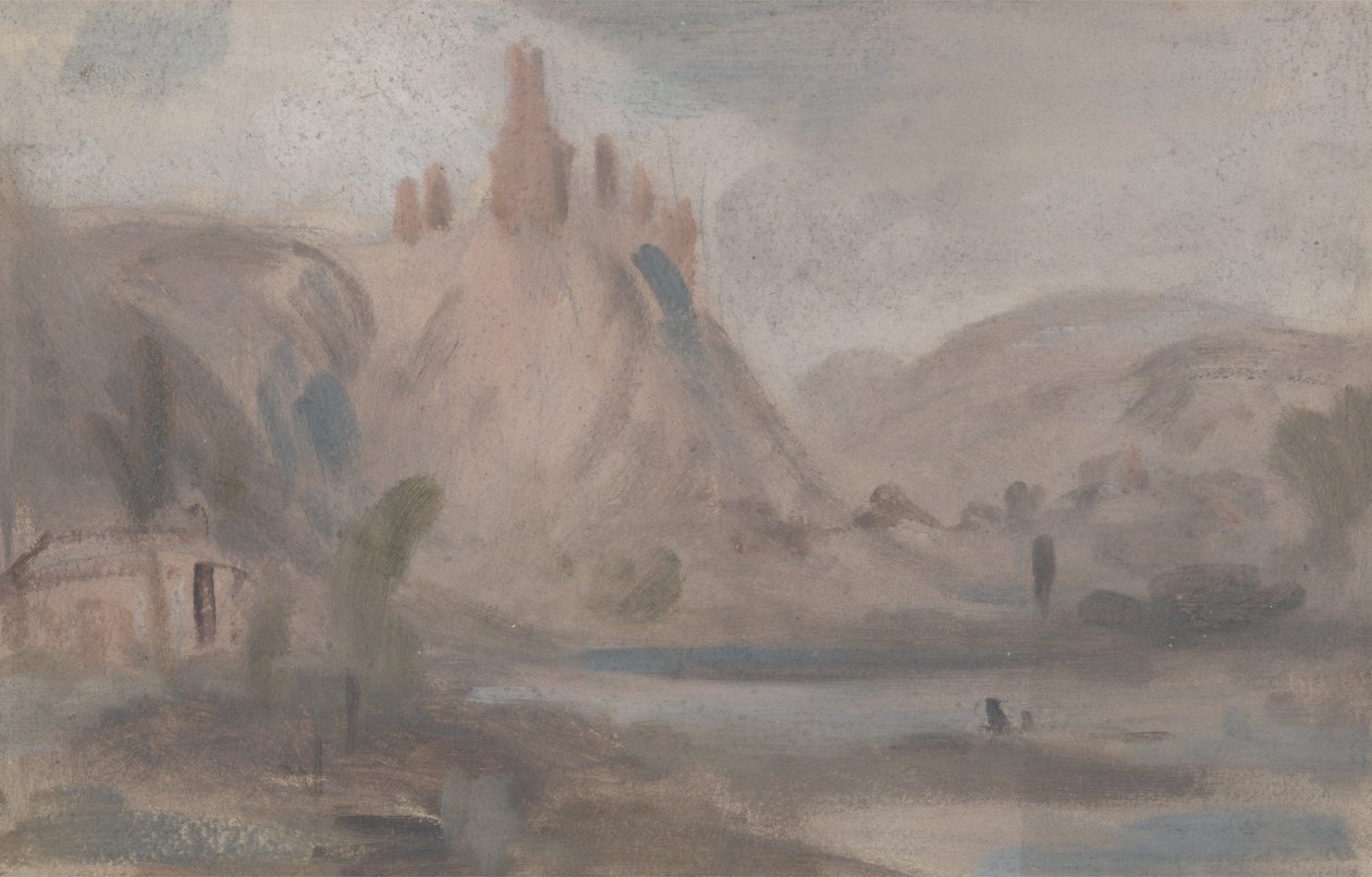 景观与山上的一座城堡，之前归功于JMW Turner（1775-1851），也归功于Peter de Wint（1784-1849）（纸上油画） 作者 英语学校