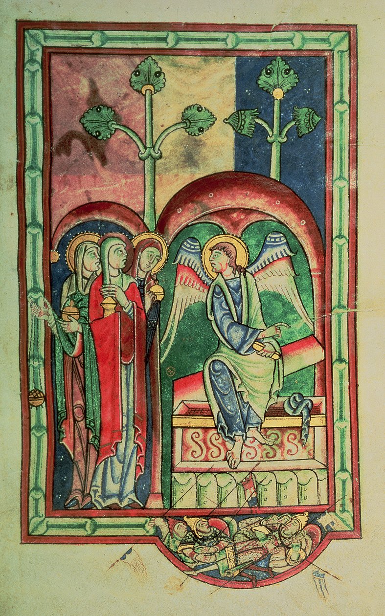 Lansdowne 383 f.13 《坟墓旁的女人》，选自《沙夫茨伯里诗篇》，西部乡村，约 1130-40（牛皮纸）。 作者 英语学校