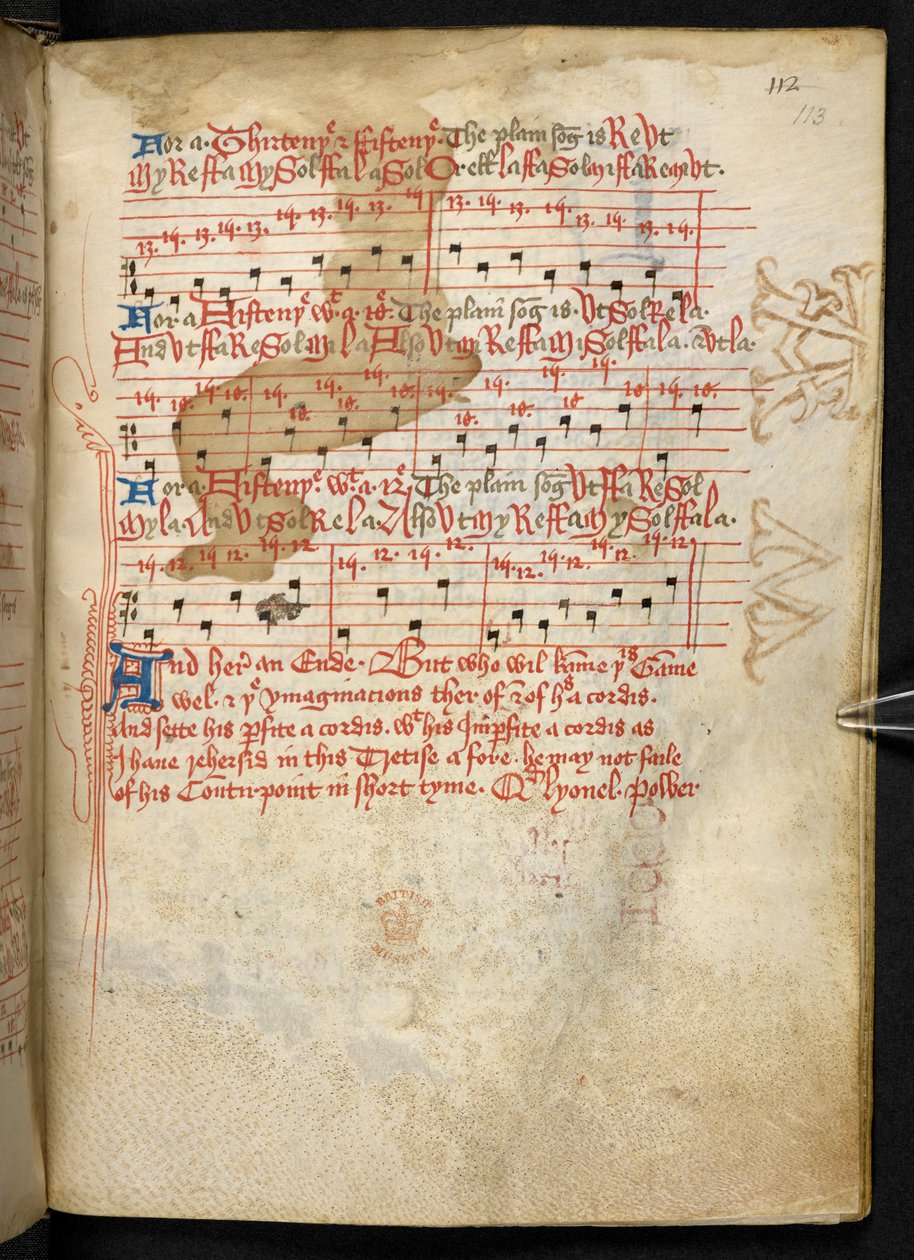 Lansdowne 763，f.113r，一卷相当写于 15 世纪的牛皮纸，其中包含不同作者撰写的古老而又非常有趣的音乐论文。 作者 英语学校