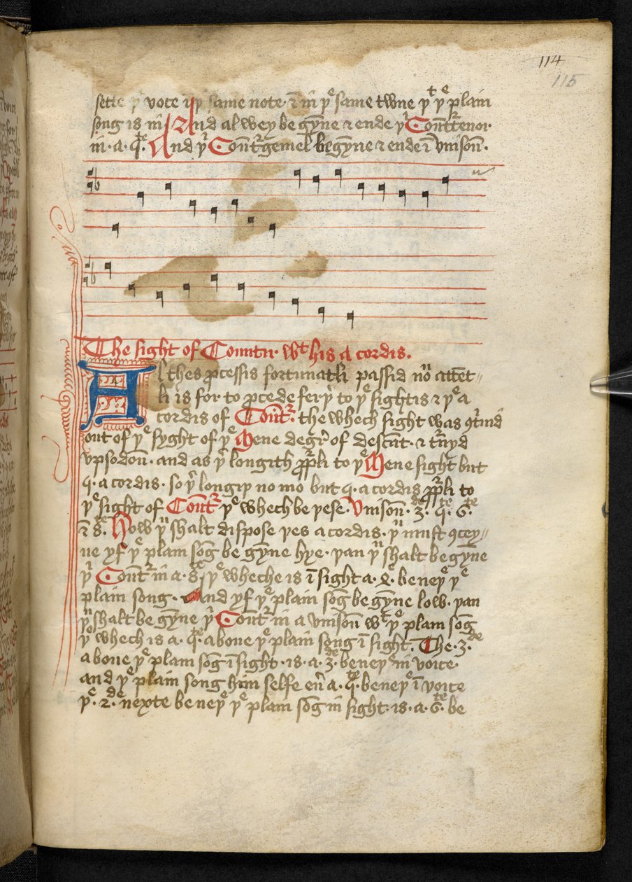 Lansdowne 763，f.115r，一卷相当写于十五世纪的牛皮纸，收录了不同作者关于音乐的古老而非常有趣的论文。 作者 英语学校