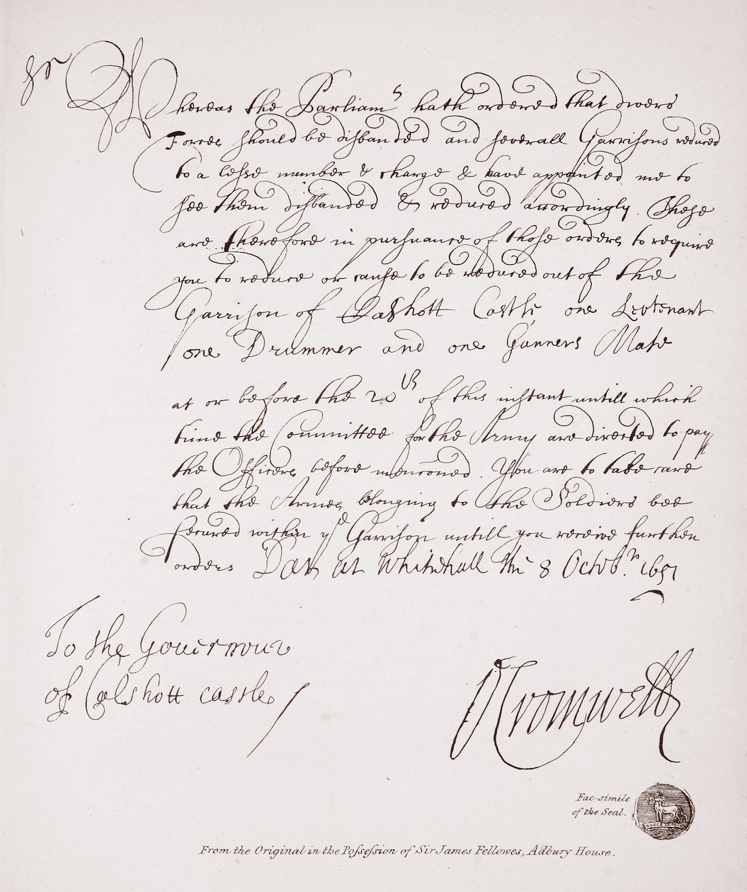 1651年，奥利弗·克伦威尔（Oliver Cromwell）向卡尔肖特城堡（Calshott Castle）总督写的信，与詹姆斯·弗洛斯爵士（Sir James Fellowes），阿德伯里之家（Adbury House）所拥有的原件相同的传真 作者 英语学校