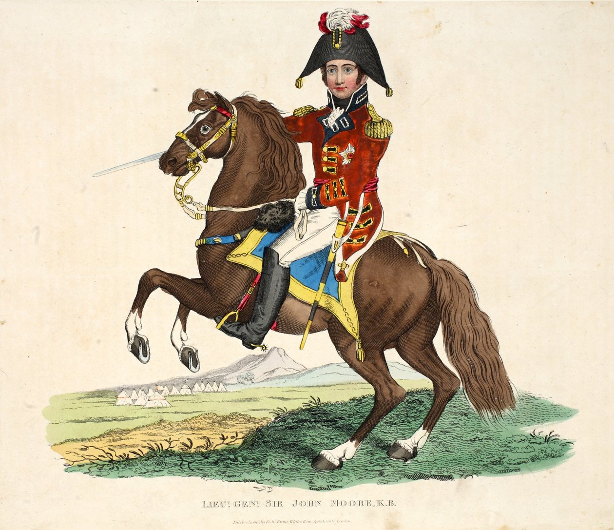 中将约翰·摩尔爵士，理查德·埃文斯的酒吧，由罗姆尼雕刻，1816年由威廉·穆德福德撰写的“滑铁卢战役历史记录”中的插图 作者 英语学校