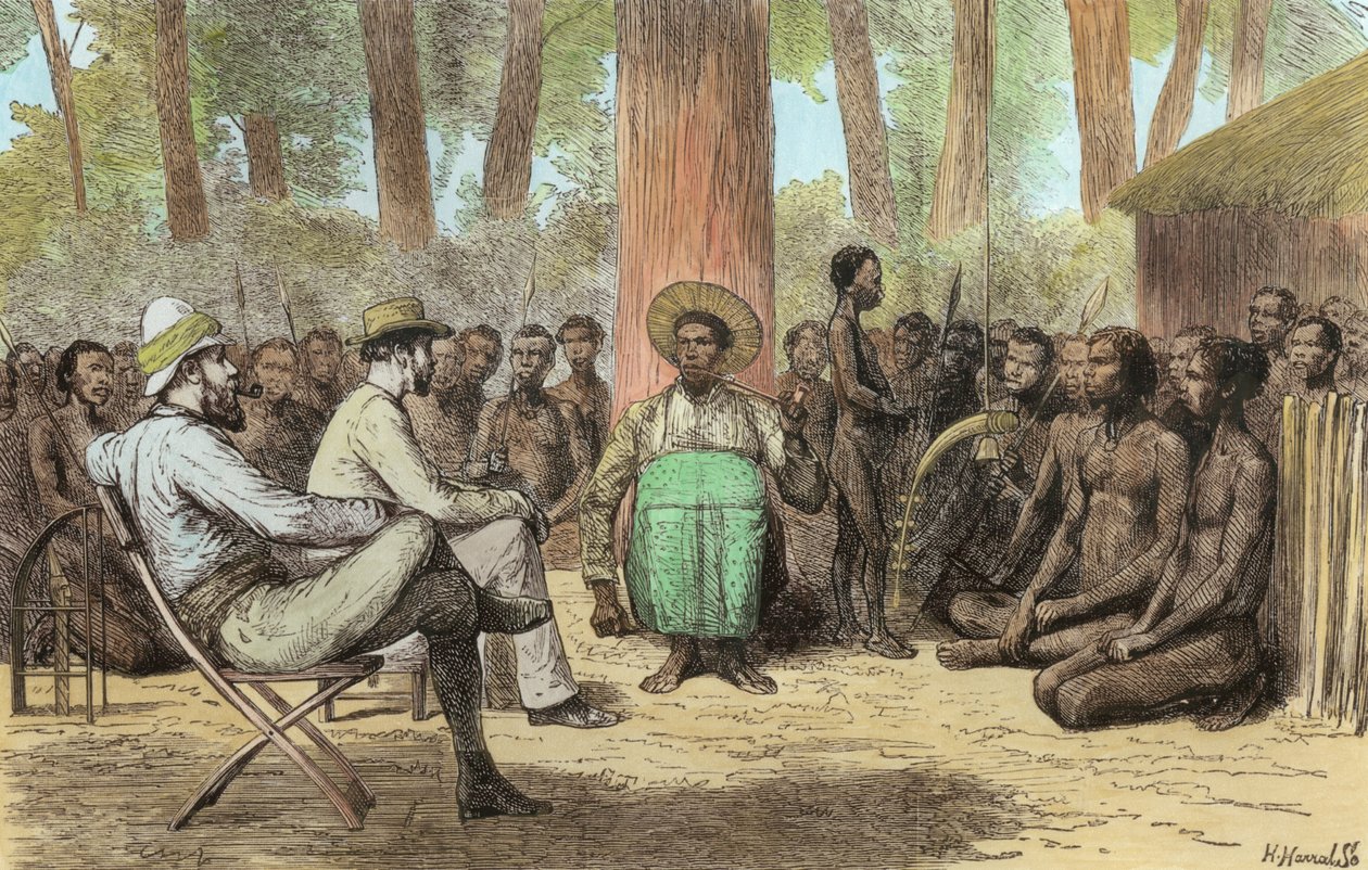 中尉Verney Lovett Camerons（1844-94）由Katende接待，由Horace Harral（后期着色）雕刻 作者 英语学校