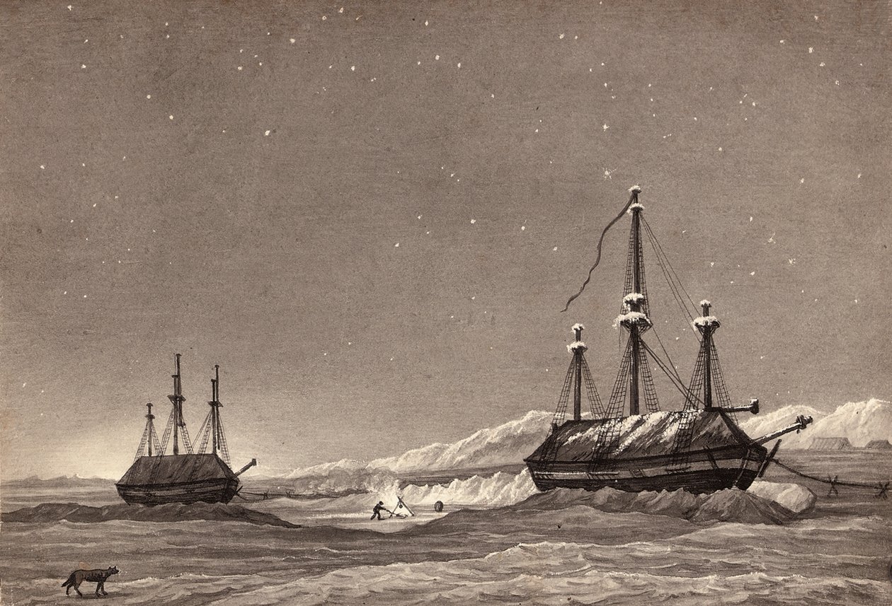 威廉·帕里中尉的首次航行：约于1919年在冬港举行的HMS Hecla和HMS Griper（钢笔，墨水和纸上水洗） 作者 英语学校
