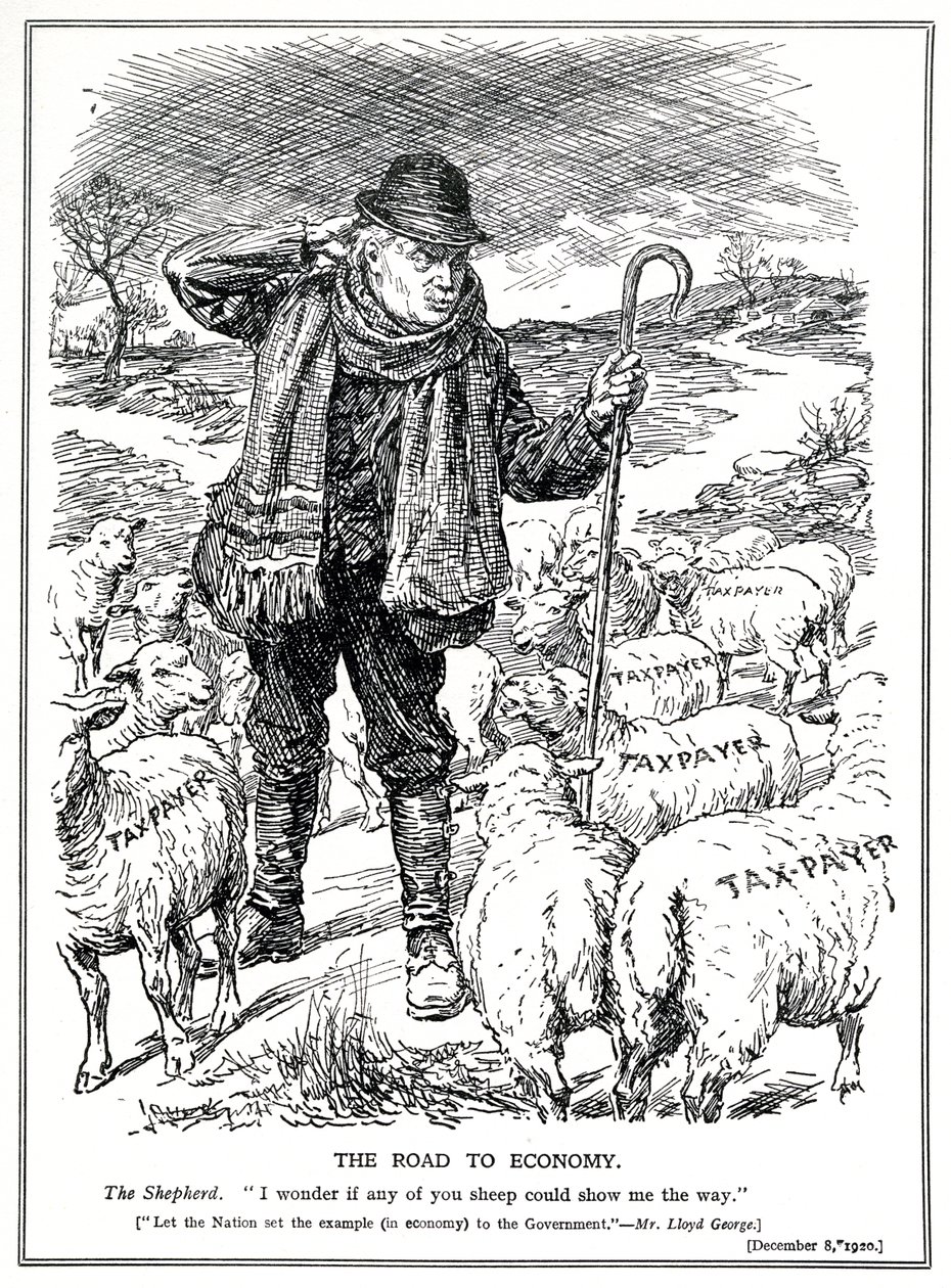 1920年12月，作为英国牧羊人的劳埃德·乔治要求纳税人（羊）领导经济复苏 作者 英语学校