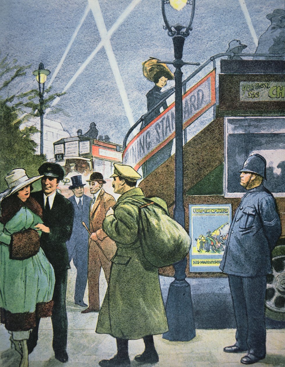 一战中的伦敦街景，正在休假的士兵，约1914-18年（彩色平印）。 作者 英语学校
