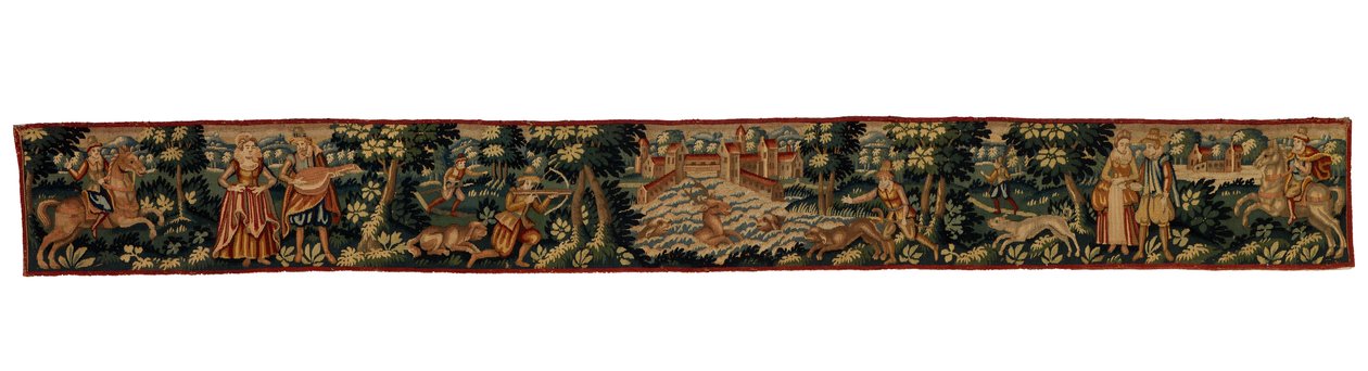 描绘骑马、行走和狩猎人物的长条挂毯，约 1600 年（羊毛） 作者 英语学校