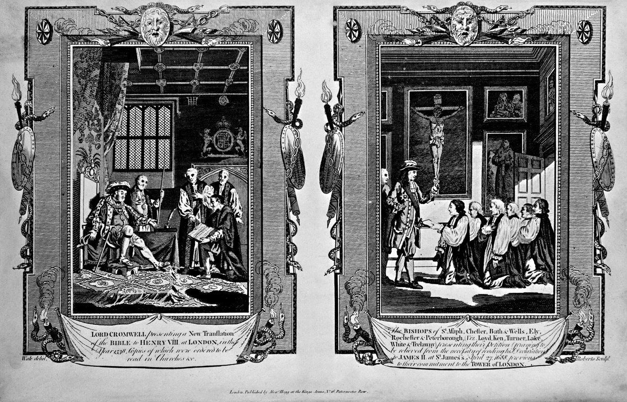 克伦威尔勋爵向亨利八世赠送圣经，主教于1688年向詹姆斯二世提出请愿书，来自保罗赖特的“新完整的殉道者之书” 作者 英语学校