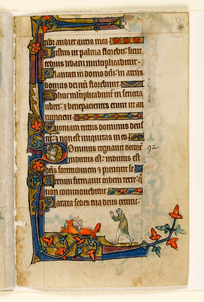 MS 1-2005，关注。 134r：狐狸逃离农民妻子鸭子，麦克尔斯菲尔德Psalter的边缘装饰，使用Sarum，东安格利亚，c.1330 作者 英语学校