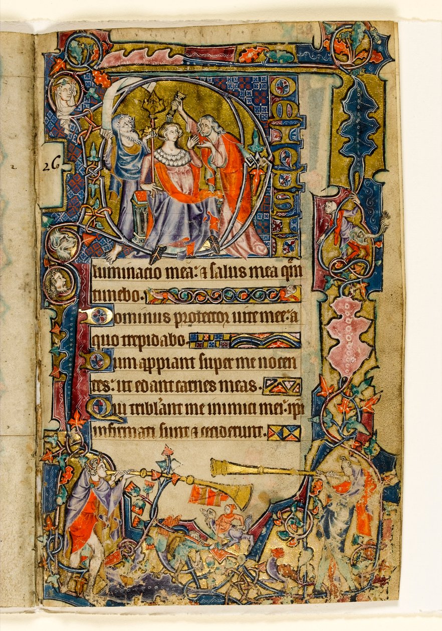 MS 1-2005，关注。 39r：大卫和小号手的膏抹，起源于Macclesfield Psalter，使用Sarum，东安格利亚，c.1330 作者 英语学校