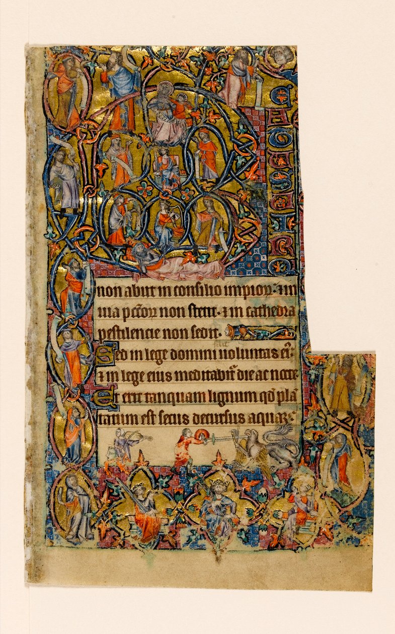 MS 1-2005，关注。 9r：Jesse和Beatus的最初边界与音乐家和怪诞的战斗，来自Macclesfield Psalter，使用Sarum，East Anglia，c.1330 作者 英语学校