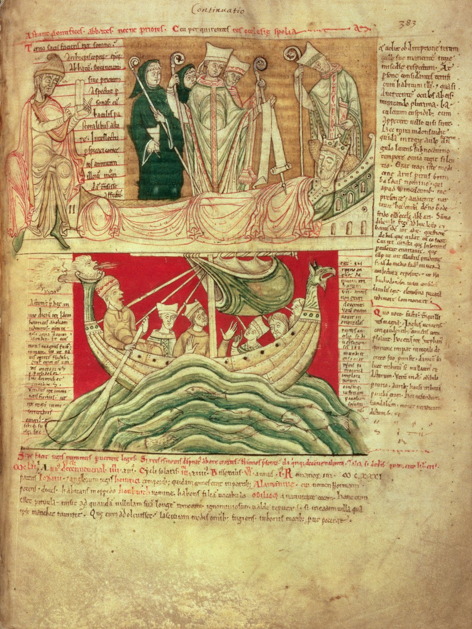 MS CCC 157 p.383 国王亨利一世于 1130 年在诺曼底梦见的异象，来自《伍斯特编年史》，约 1130-40（牛皮纸），将约 1140 年伍斯特的约翰插入编年史中由伍斯特的弗洛伦斯开始的编年史（卒于 1994 年）。 第1118章）； 最早幸存的慢性病之一 作者 英语学校
