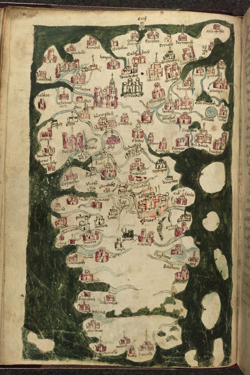 MS Harley 1808，f.9v 英格兰和威尔士地图，摘自《Totius Britannae Tabula Chorographica》，约 1400 年（牛皮纸）。 作者 英语学校