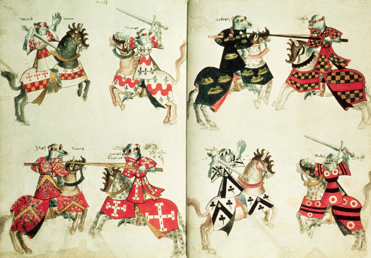 MS Harley 4205 fol.31v-32 显示纹章徽记的比武骑士（牛皮纸） 作者 英语学校