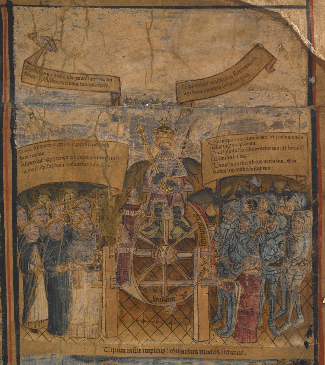 MS Harley 7353 爱德华四世（1442-1483 年）在命运之轮上，两侧是克拉伦斯公爵和格洛斯特公爵以及教会和军队的代表，选自 "爱德华四世生平"。 作者 英语学校