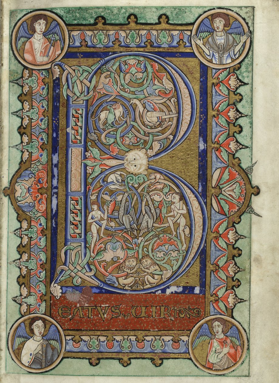 MS Hunter 229 f.22r 选自《亨特王朝诗篇》，约 1170 年（牛皮纸上的钢笔、墨水和蛋彩画） 作者 英语学校