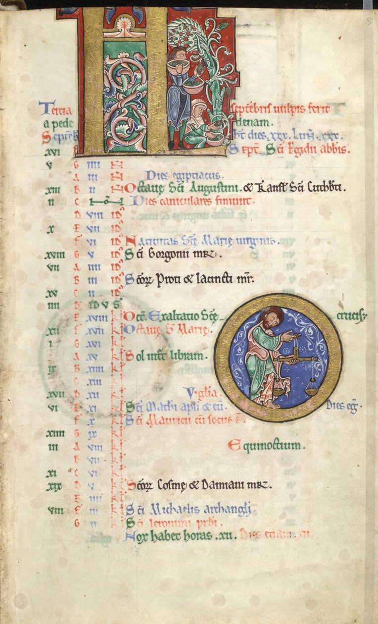 MS Hunter 229 f.5r 9 月，选自《亨特王朝诗篇》，约 1170 年（牛皮纸上的钢笔、墨水和蛋彩画） 作者 英语学校