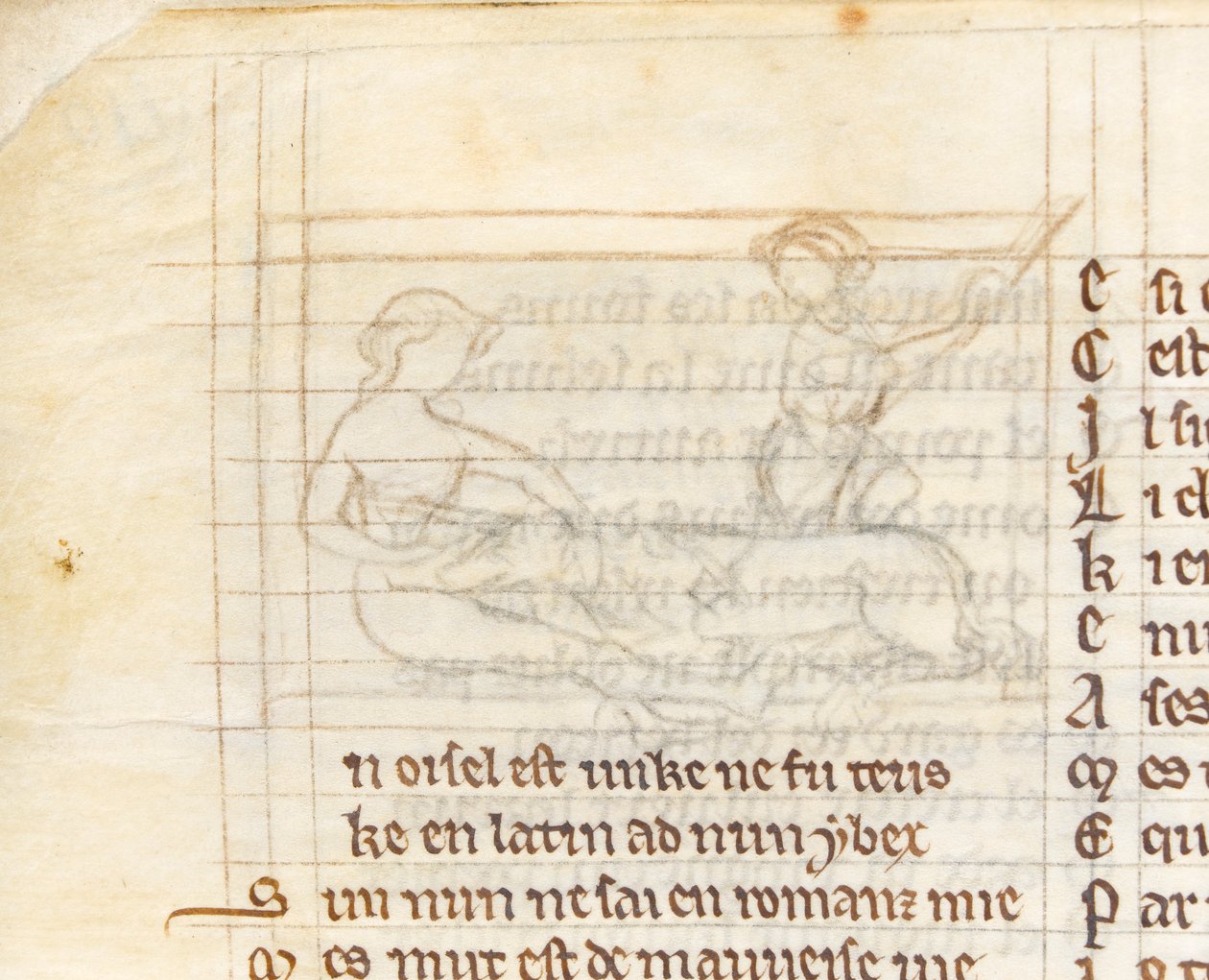 MS McClean 123 f.40v Underdrawing 的缩图显示猎人捕捉裸体躺在处女膝上的独角兽，来自“纽尼顿书”，c.1280-1300（羊皮纸上的墨水）（细节 418062） 作者 英语学校