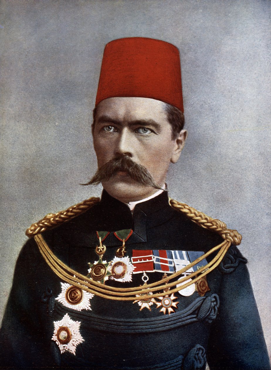 喀土穆和布鲁姆少将霍雷肖·赫伯特·基奇纳 (Horatio Herbert Kitchener) 勋爵 (1850-1916 年)，插图来自查尔斯·N·罗宾逊 (Charles N. Robinson) 的《陆军名人》，1900 年出版（彩色平版印刷） 作者 英语学校