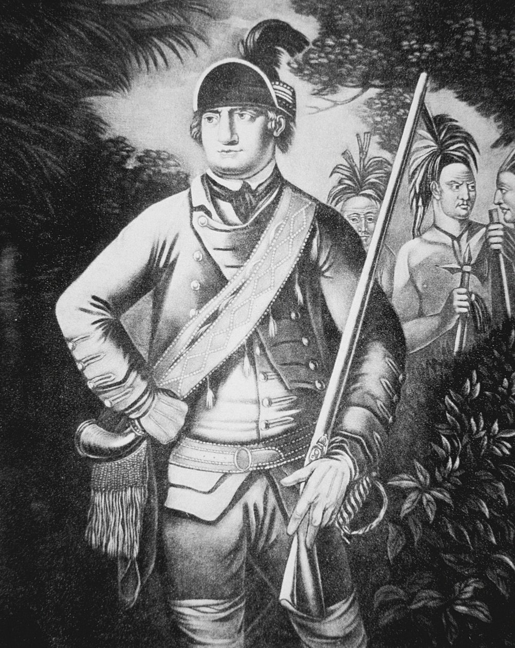 罗伯特-罗杰斯少校，1755-63年法印战争期间英国事业中 "罗杰斯游骑兵 "的指挥官（石印）。 作者 英语学校