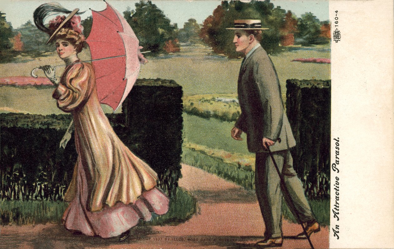 男子被手持阳伞的女子吸引（彩色石版画） 作者 英语学校