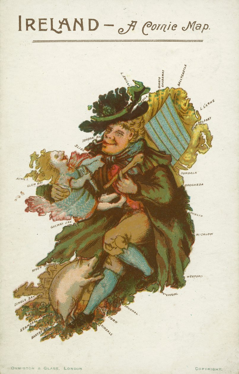 爱尔兰地图形状的男子、儿童和猪（彩色石版印刷） 作者 英语学校