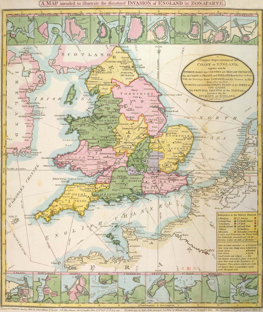 英国地图，说明拿破仑-波拿巴（1769-1821 年）1803 年可能入侵英国（彩色石版印刷） 作者 英语学校