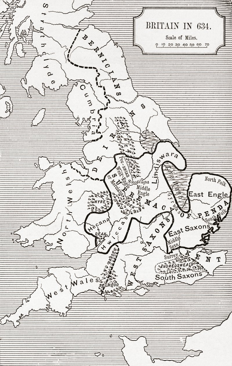 来自The Northumbrian Kingdom的634的英国地图，由JR Green撰写的“英国人的短暂历史”588至685，于1893年出版 作者 英语学校