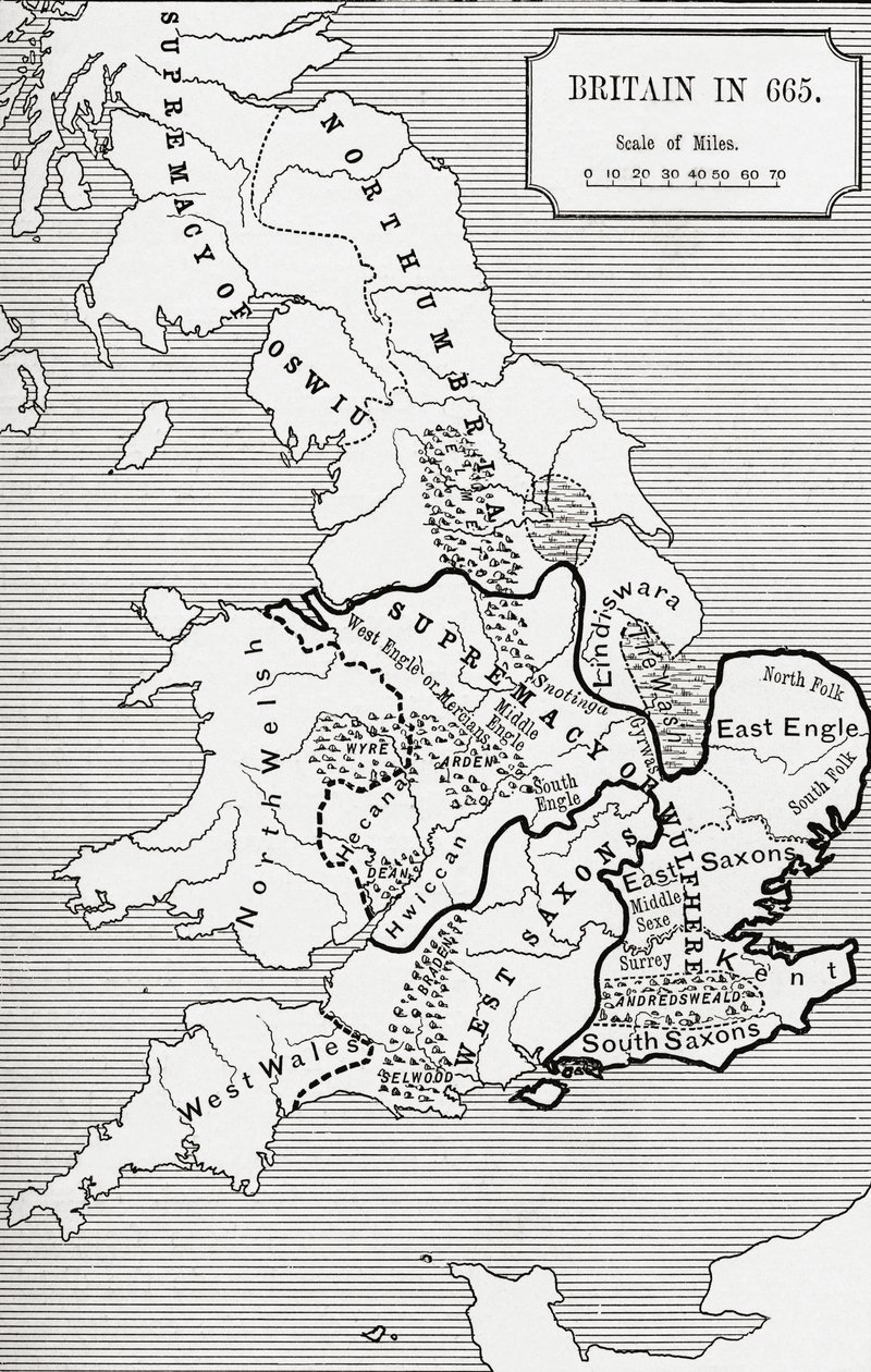 来自The Northumbrian Kingdom的665的英国地图，由JR Green撰写的“英国人的短暂历史”588至685，于1893年出版 作者 英语学校