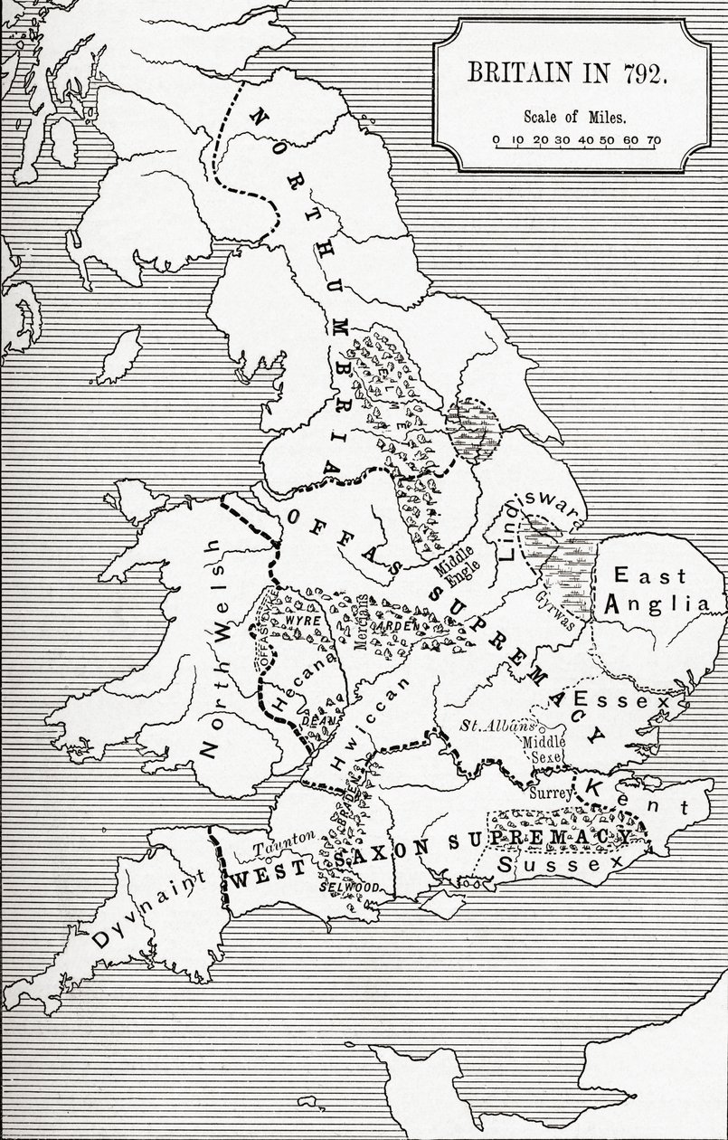 JR绿色的“英国人的短暂历史”中的792年英国地图，从“三国志”685到828年，1893年出版 作者 英语学校