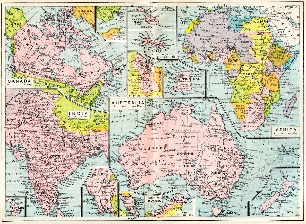 1914 年第一次世界大战爆发时的英国属地地图，来自大英帝国大学现代英语图解词典，pub.1914 作者 英语学校