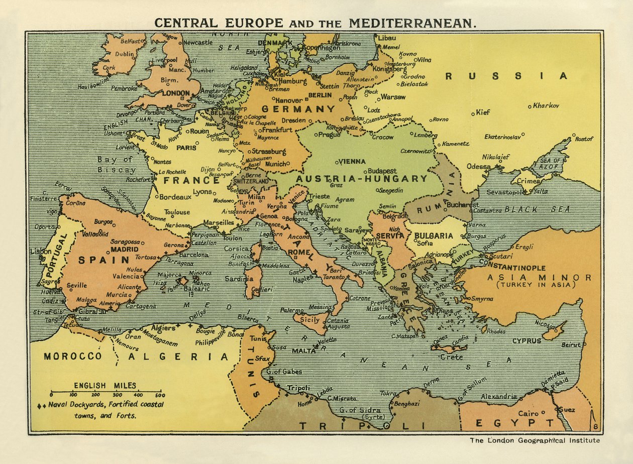 中欧和地中海地图，摘自《欧洲大战史》第三卷（印刷版） 作者 英语学校